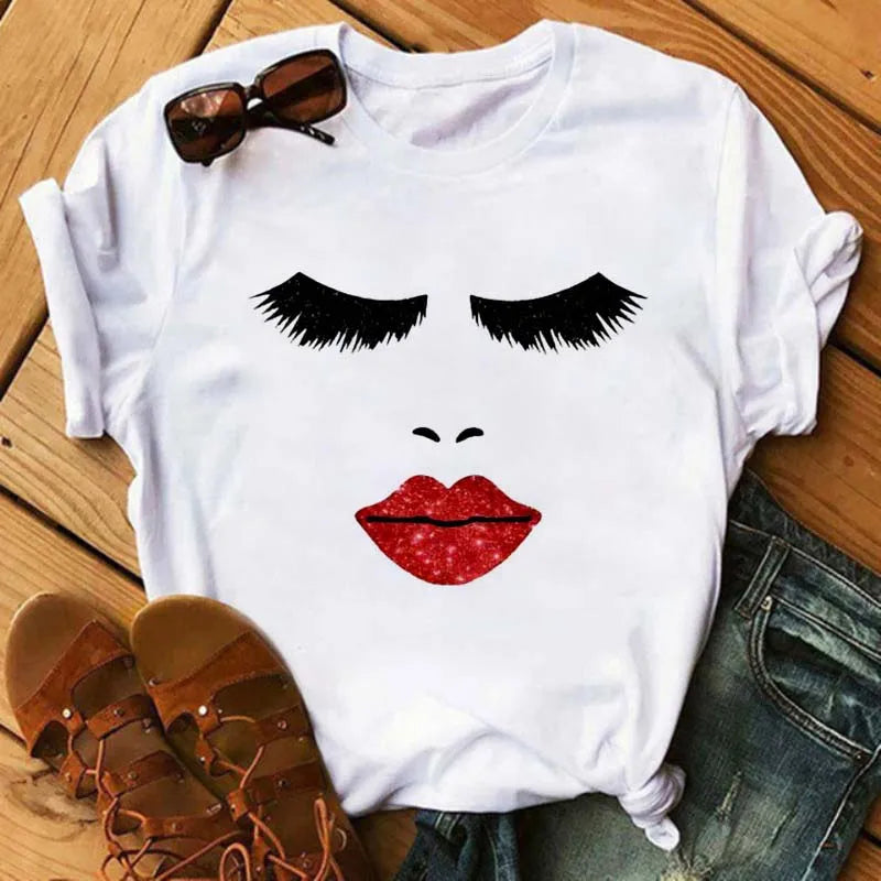 Maycaur New Cute Eye Lashes Red Lips Print Women T Shirt Summer Casual Short Sleeve O Neck T-shirt Fashion Ladies Shirt Tops