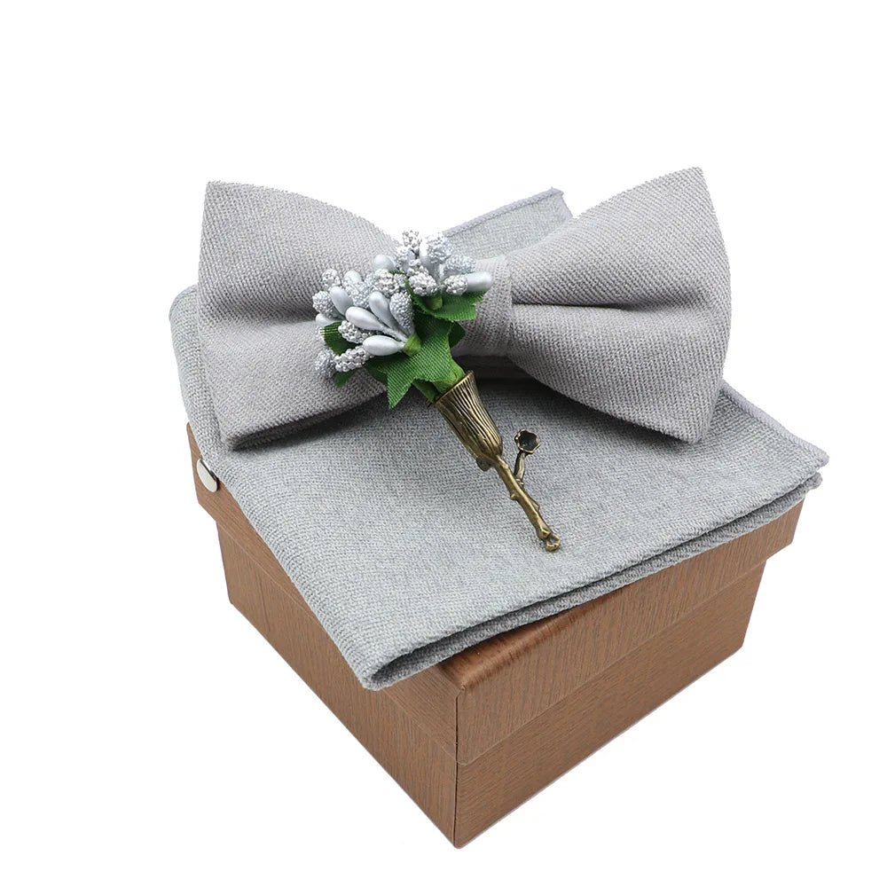 Solid Color Cotton Bowtie Handkerchief Flower Brooch Set For Men Women Party Wedding Blue Pink Green Bowties Novelty Ties Gift