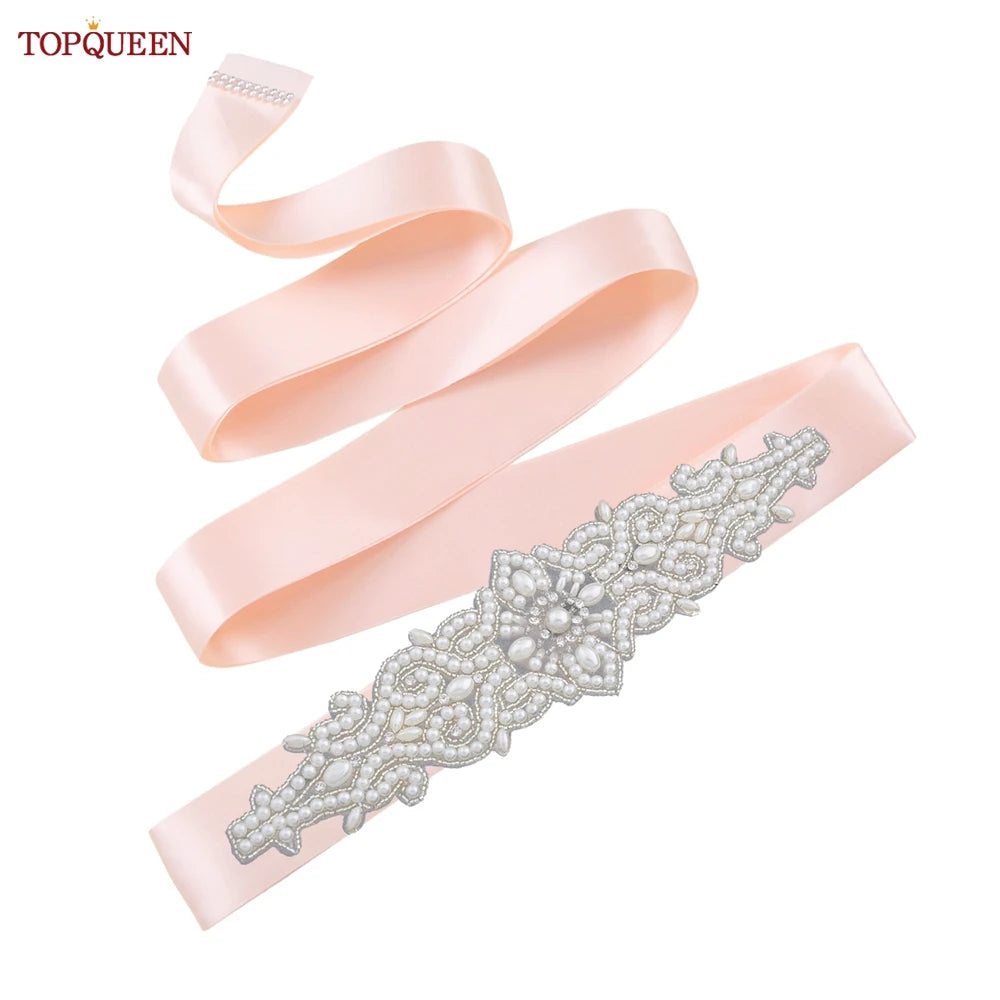 TOPQUEEN Wedding Dress Belt Luxury Full Pearl Bridal Belt Women Moroccan Decoration Satin Ribbon Belt Handmade Beaded S26A