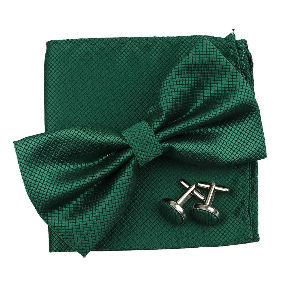3PC Mens Bowtie Set Fashion Dot Solid Polyester Bow Tie Handkerchief Cufflinks Bar Party Wedding Business Daily Wear Accessories