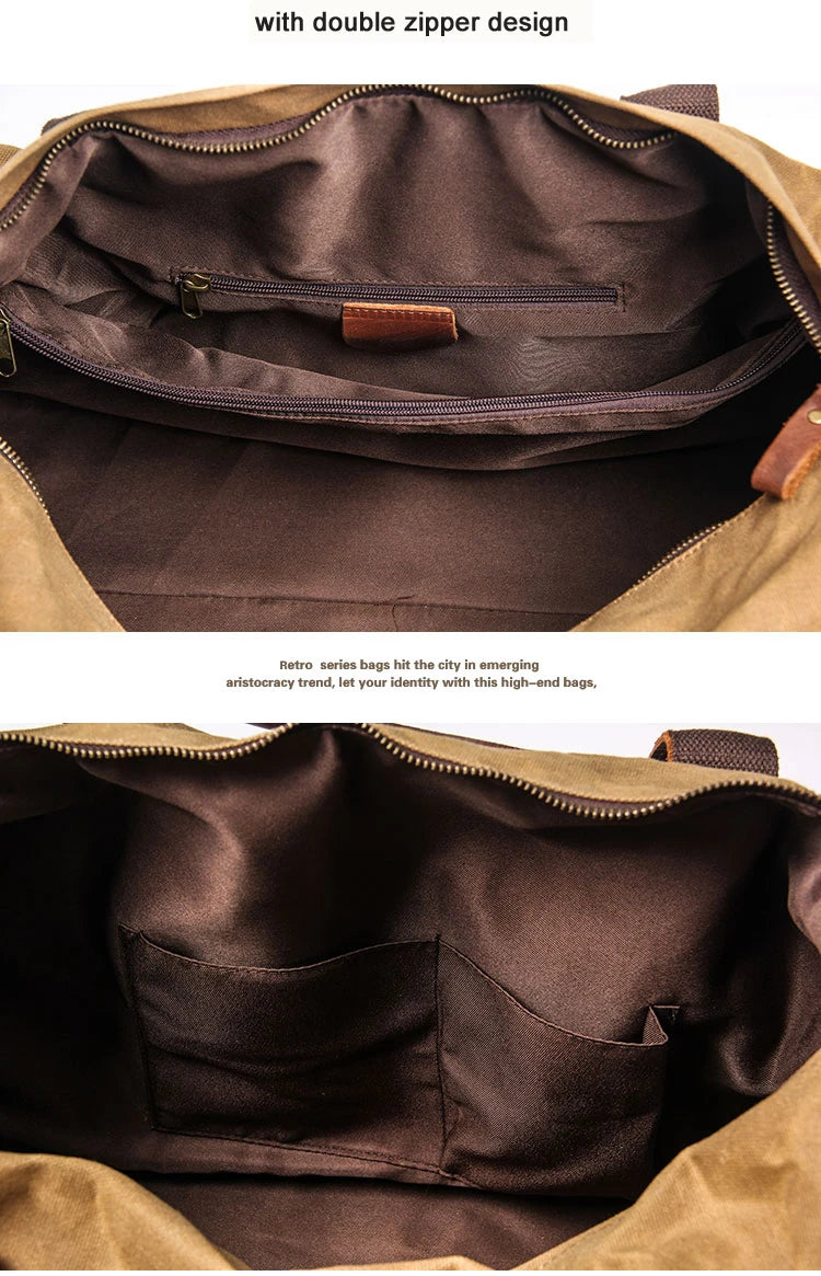 Vintage Waxed Canvas Men Luggage bag Genuine Leather Men Travel Bags Large Duffel Bags Weekend bag of trip Overnight carry on