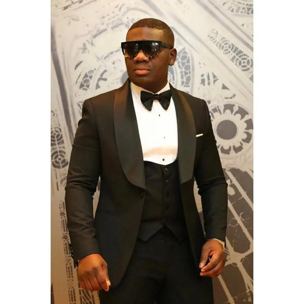 Men Suits Light Navy Blue and Black Groom Tuxedos Shawl Lapel Groomsmen Wedding Best Man ( Jacket+Pants+Bow Tie+Vest ) C684