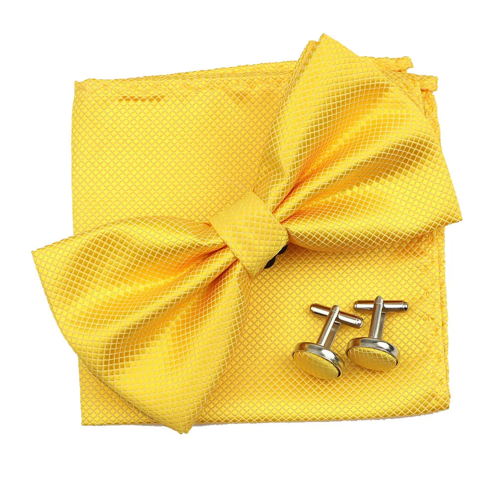 3PC Mens Bowtie Set Fashion Dot Solid Polyester Bow Tie Handkerchief Cufflinks Bar Party Wedding Business Daily Wear Accessories
