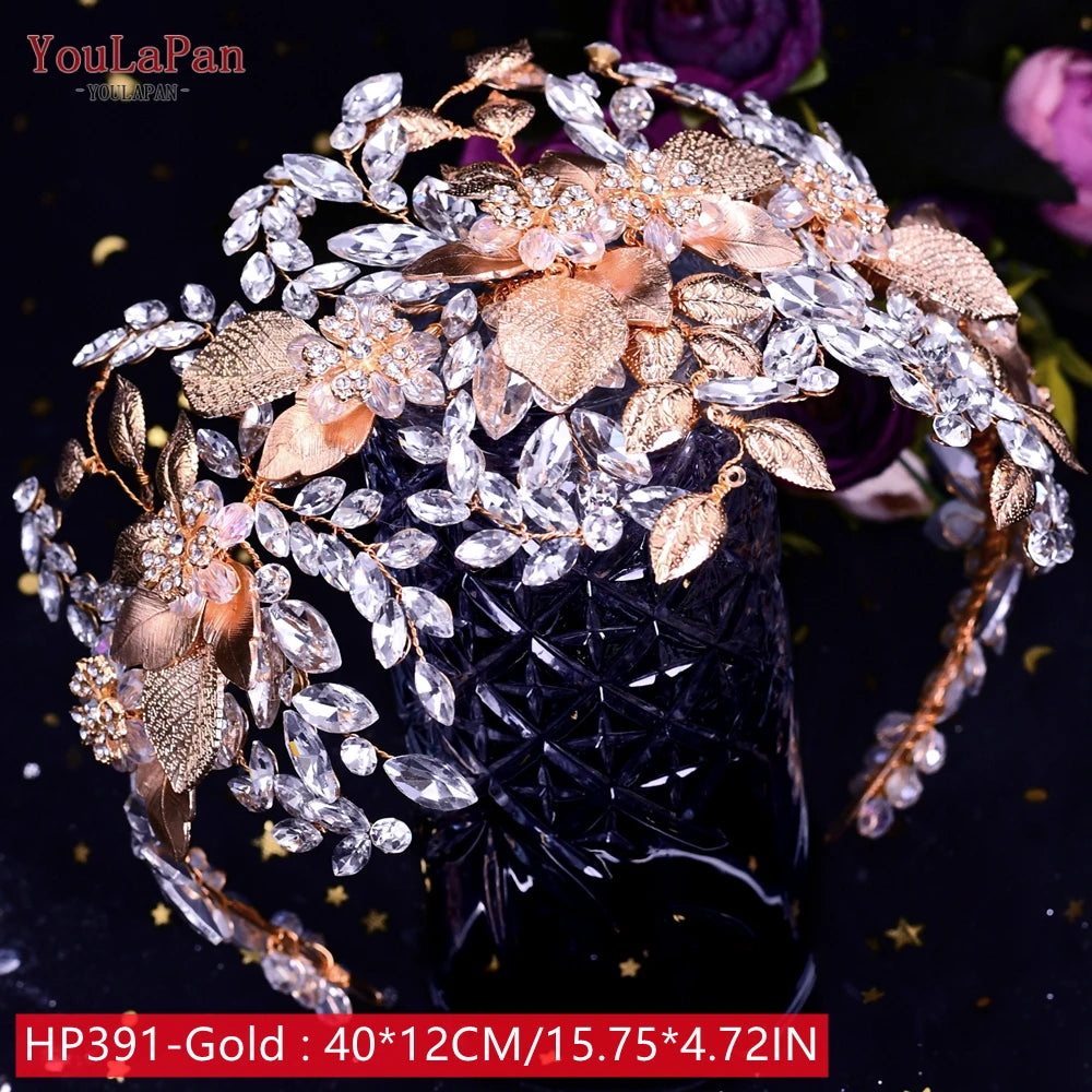 YouLaPan Golden Wedding Crystal Headband Hair Accessories Woman Wedding Hair Jewelry Rhinestone Bridal Tiara and Headdress HP240