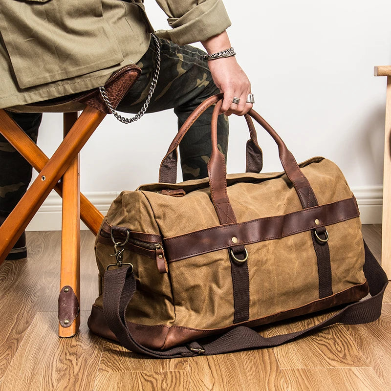 Vintage Waxed Canvas Men Luggage bag Genuine Leather Men Travel Bags Large Duffel Bags Weekend bag of trip Overnight carry on