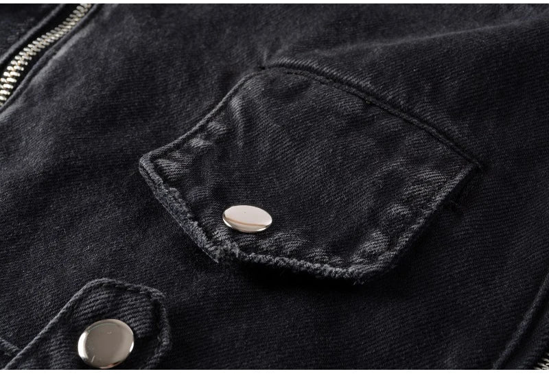 Sokotoo Men's zippers black biker jean jacket Streetwear thick denim slim coat with belt High quality