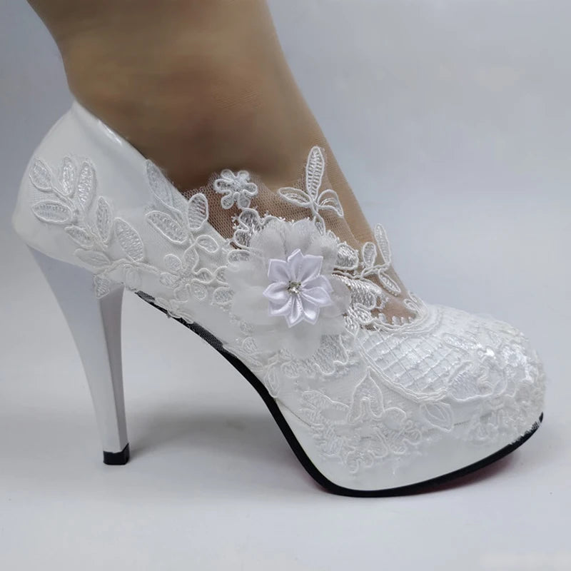 BaoYaFang White Flower Pumps New arrival womens wedding shoes Bride High heels platform shoes for woman ladies party dress shoes