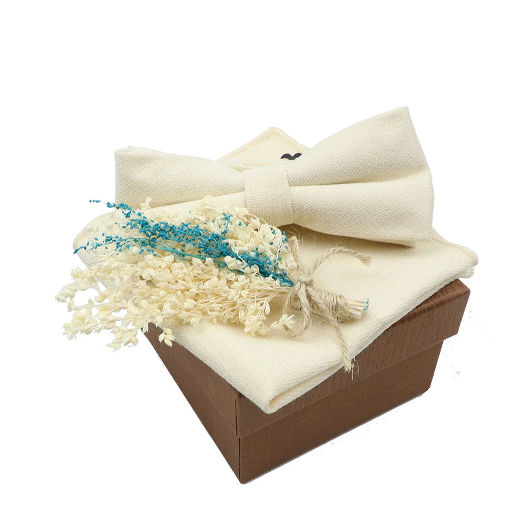 Solid Color Cotton Bowtie Handkerchief Flower Brooch Set For Men Women Party Wedding Blue Pink Green Bowties Novelty Ties Gift