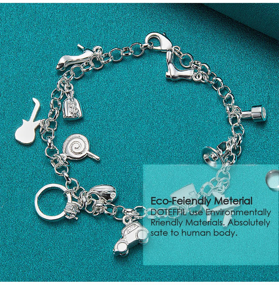 DOTEFFIL 925 Sterling Silver 18K Gold Shoe Bell Airplane Lock Car Fish Ring Lollipop Guitar Bracelet Chain Women Charm Jewelry