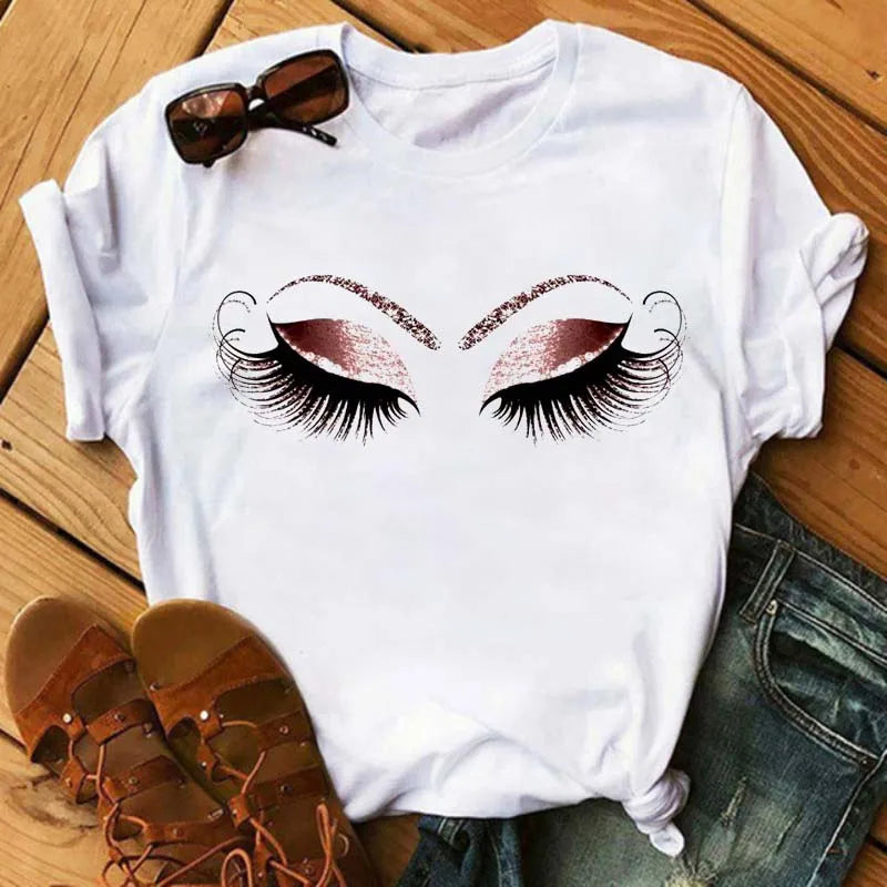 Maycaur New Cute Eye Lashes Red Lips Print Women T Shirt Summer Casual Short Sleeve O Neck T-shirt Fashion Ladies Shirt Tops
