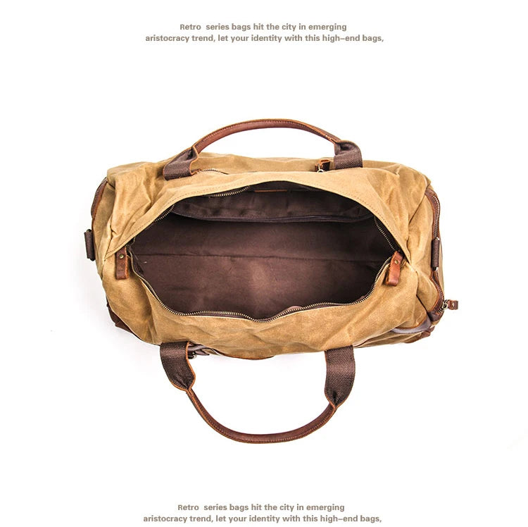 Vintage Waxed Canvas Men Luggage bag Genuine Leather Men Travel Bags Large Duffel Bags Weekend bag of trip Overnight carry on