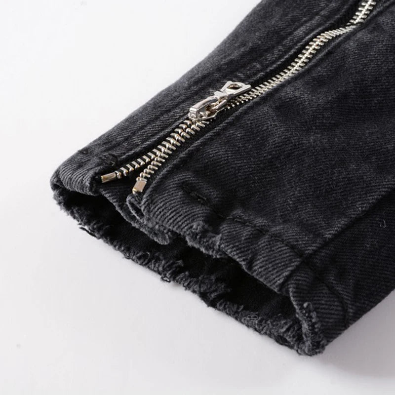 Sokotoo Men's zippers black biker jean jacket Streetwear thick denim slim coat with belt High quality