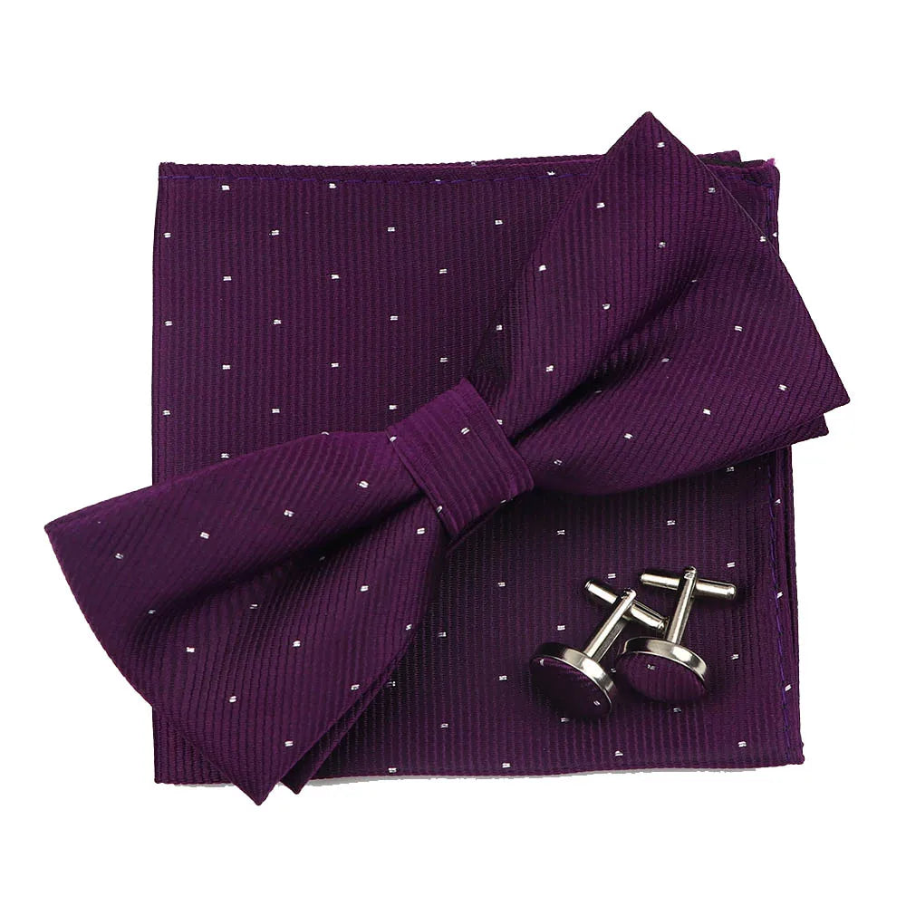 3PC Mens Bowtie Set Fashion Dot Solid Polyester Bow Tie Handkerchief Cufflinks Bar Party Wedding Business Daily Wear Accessories