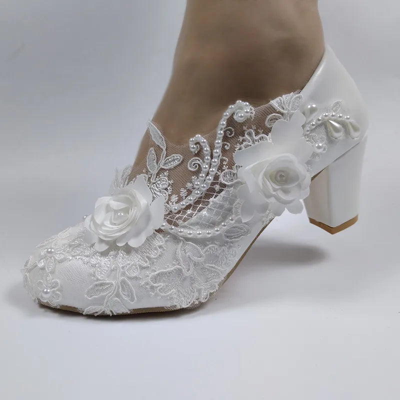 BaoYaFang White Flower Pumps New arrival womens wedding shoes Bride High heels platform shoes for woman ladies party dress shoes