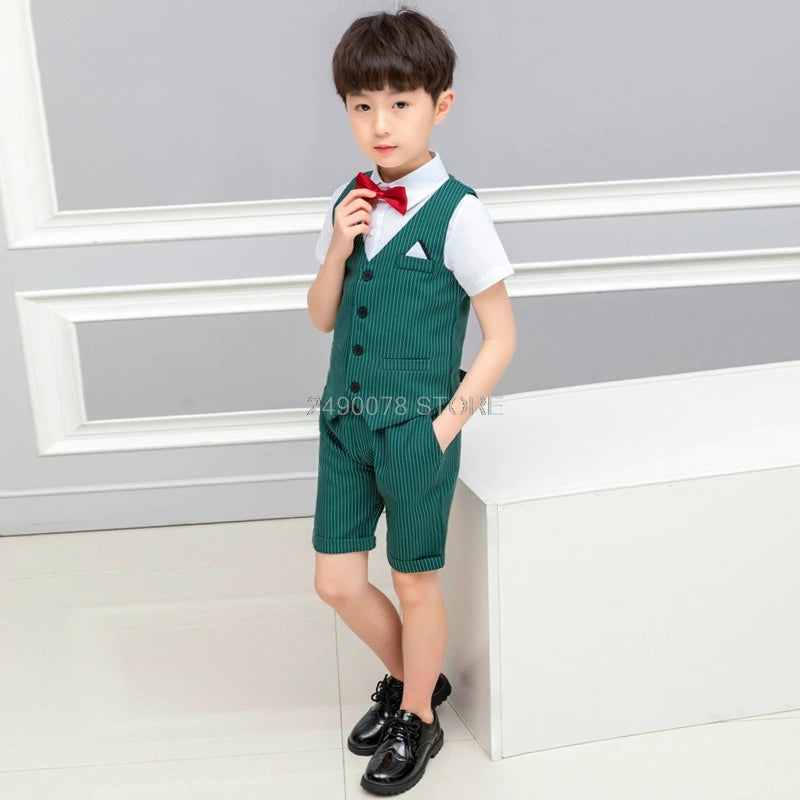 2021 Boys Formal Suits Summer Short Sleeve Blazer+Shorts 2pcs Children Kids Wedding Clothing Sets Prom Performance Costumes