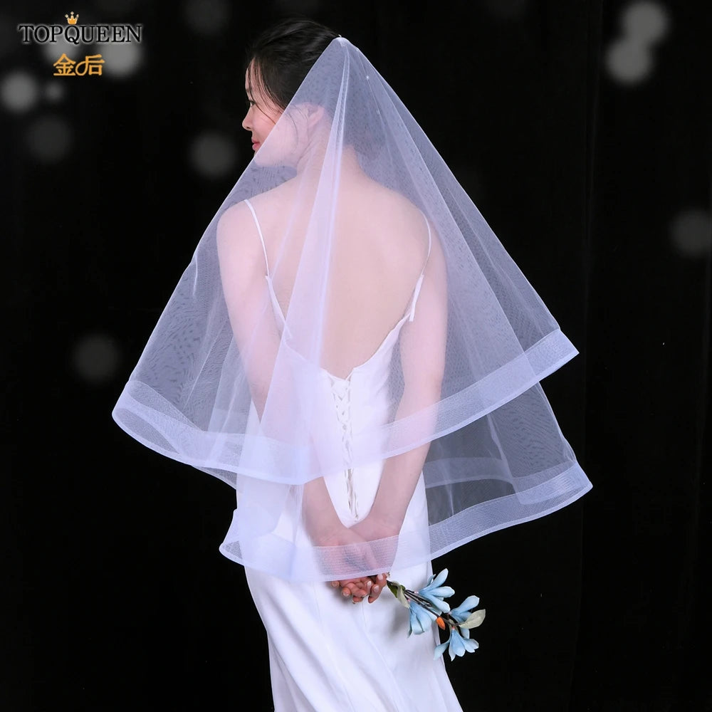TOPQUEEN V69 Wedding Veil Fingertip Veil Two Tier Minimalist Bride Veil with Blusher Bridal Veils with Comb Dress Veil for Bride