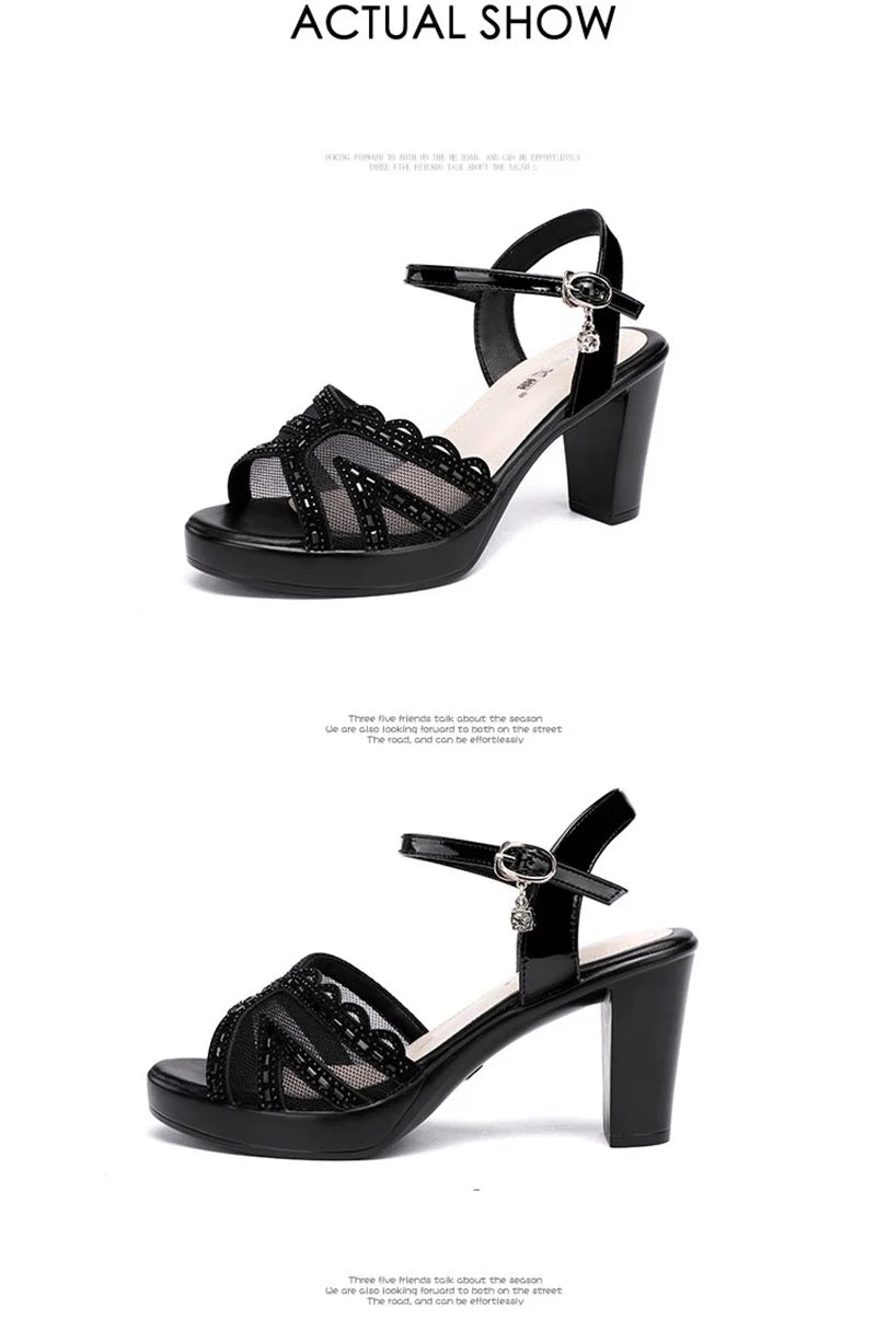 BEYARNE Big Size 32-43 Open Head Lace Platform Sandals Summer Shoes Block High Heels Sandals Women All Match Office Party