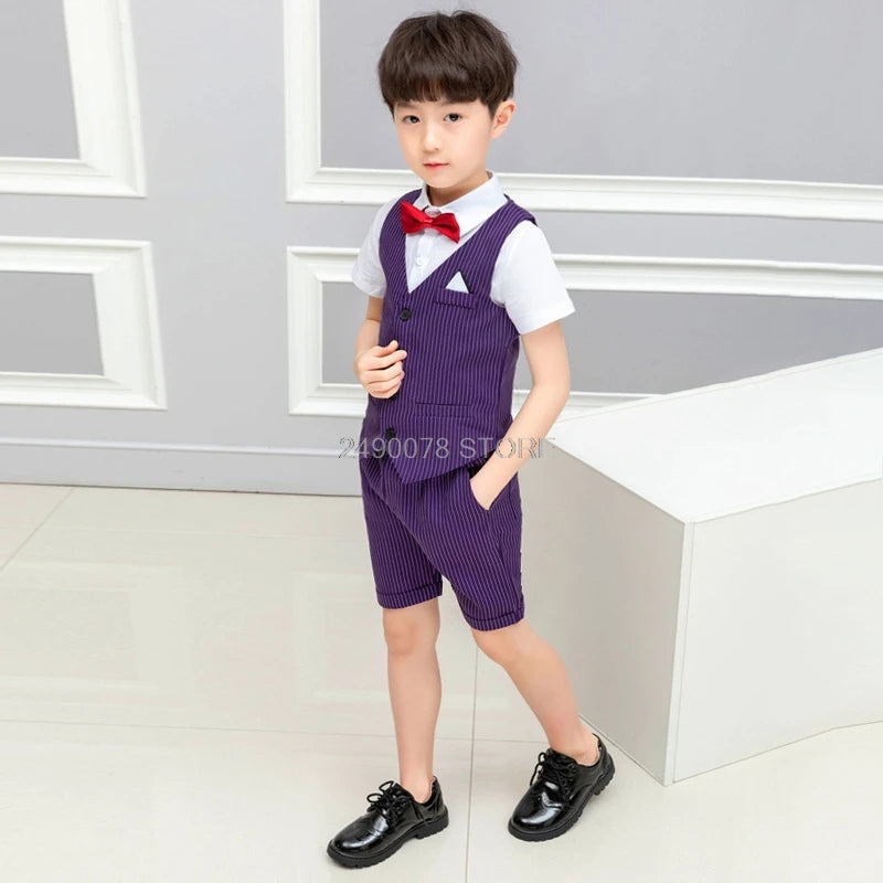 2021 Boys Formal Suits Summer Short Sleeve Blazer+Shorts 2pcs Children Kids Wedding Clothing Sets Prom Performance Costumes