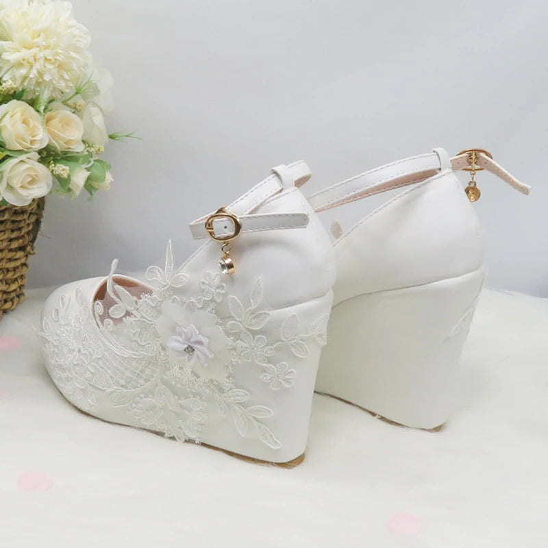 BaoYaFang White Flower Pumps New arrival womens wedding shoes Bride High heels platform shoes for woman ladies party dress shoes