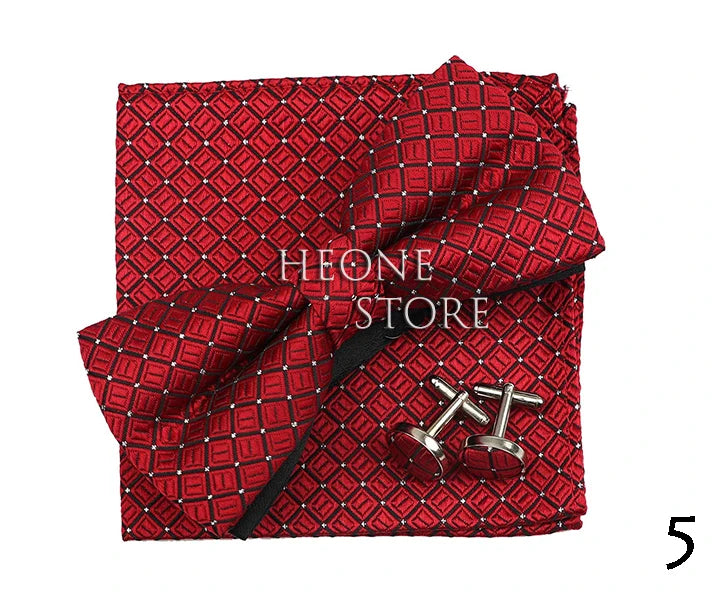 3PC Mens Bowtie Set Fashion Dot Solid Polyester Bow Tie Handkerchief Cufflinks Bar Party Wedding Business Daily Wear Accessories