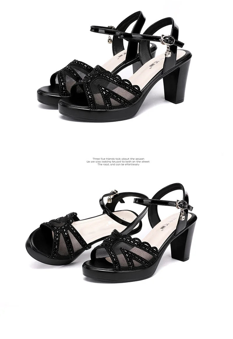 BEYARNE Big Size 32-43 Open Head Lace Platform Sandals Summer Shoes Block High Heels Sandals Women All Match Office Party