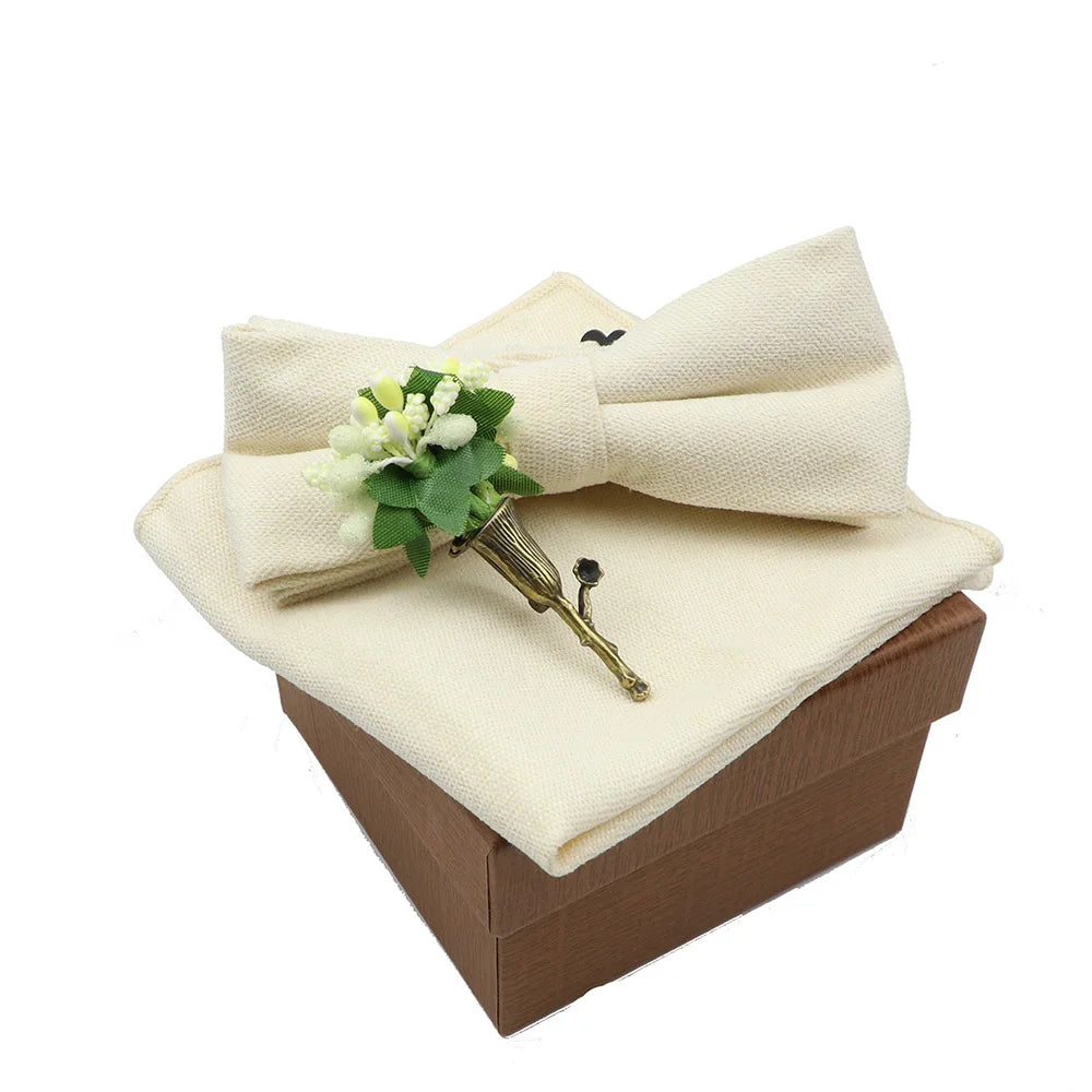 Solid Color Cotton Bowtie Handkerchief Flower Brooch Set For Men Women Party Wedding Blue Pink Green Bowties Novelty Ties Gift