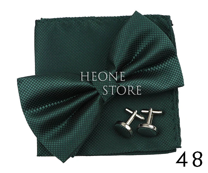 3PC Mens Bowtie Set Fashion Dot Solid Polyester Bow Tie Handkerchief Cufflinks Bar Party Wedding Business Daily Wear Accessories