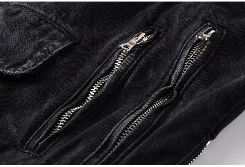 Sokotoo Men's zippers black biker jean jacket Streetwear thick denim slim coat with belt High quality