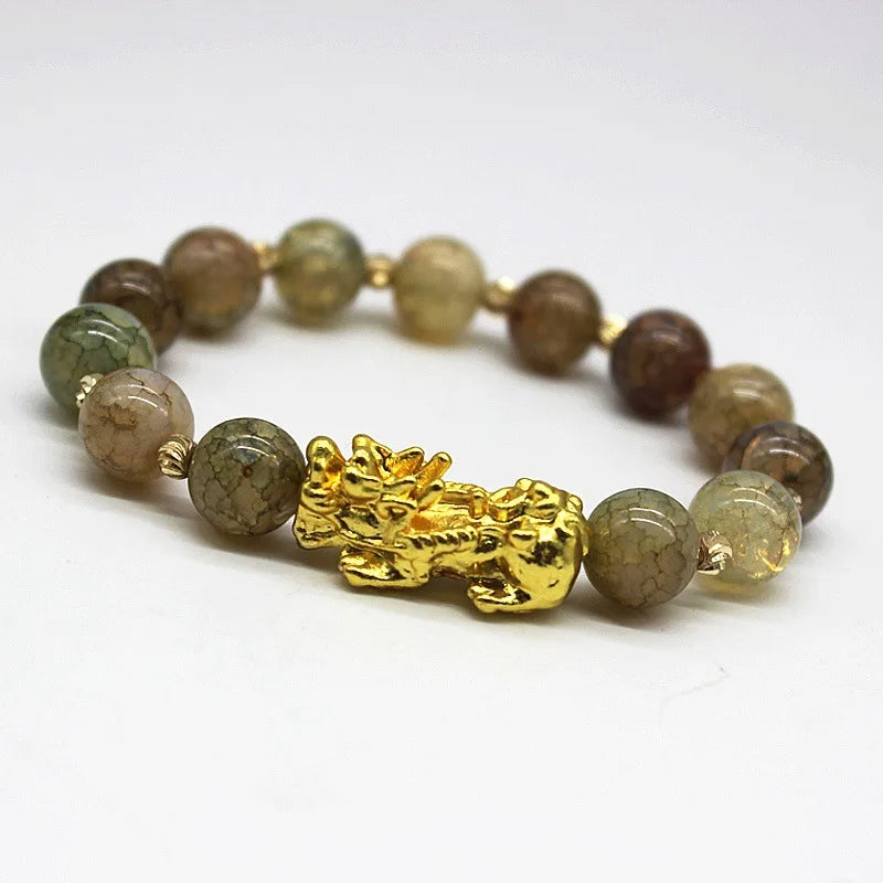 New 10mm Obsidian Stone Pixiu Bracelet For Men Women Unisex Wristband Golden Plated Black Bangles Pixiu Party Gift Jewelry
