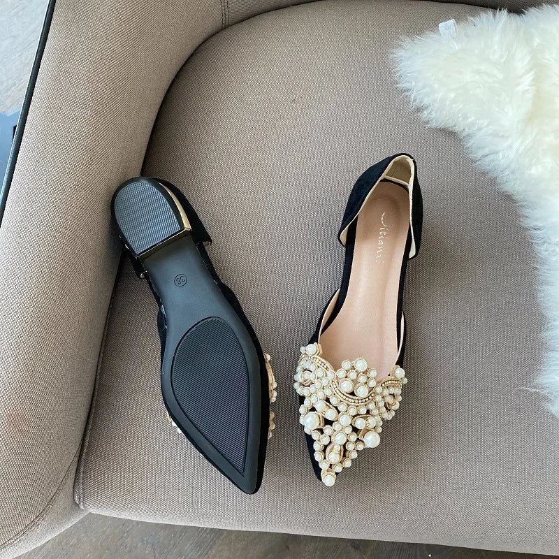 New Crown Pearl Flats Women Wedding Shoes Pointed Toe Female Dress Moccasins Low Pearl Heel Ladies Fashion Luxury Style 43