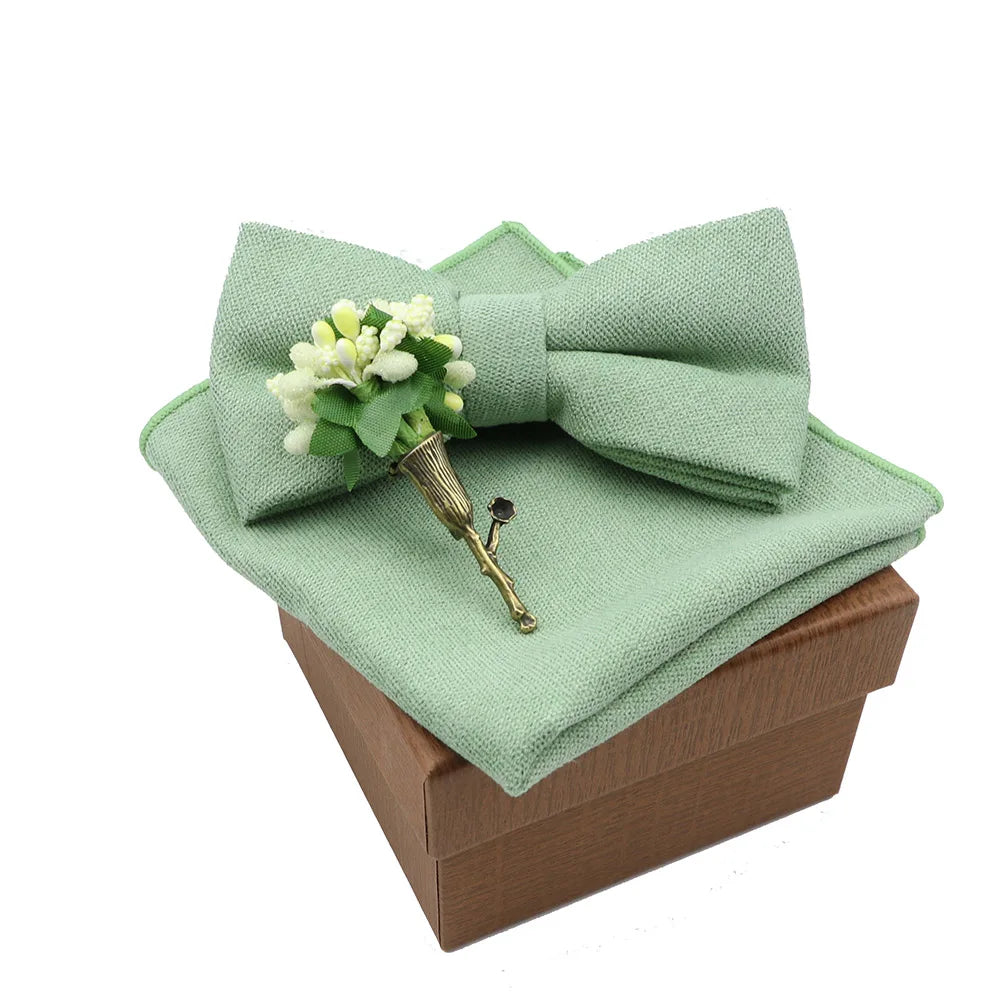 Solid Color Cotton Bowtie Handkerchief Flower Brooch Set For Men Women Party Wedding Blue Pink Green Bowties Novelty Ties Gift