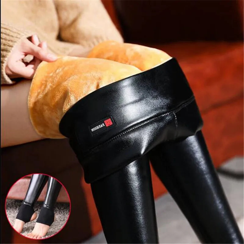 Winter Warm 700g Thick Velvet Wool Fleece Ladies Leggings Women Trousers Lambskin Cashmere Female Jegging Faux Leather Pants