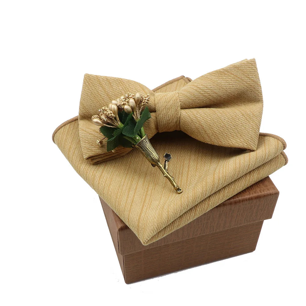 Solid Color Cotton Bowtie Handkerchief Flower Brooch Set For Men Women Party Wedding Blue Pink Green Bowties Novelty Ties Gift