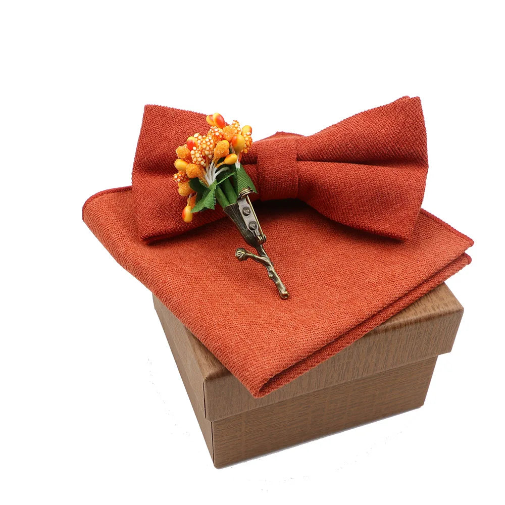 Solid Color Cotton Bowtie Handkerchief Flower Brooch Set For Men Women Party Wedding Blue Pink Green Bowties Novelty Ties Gift