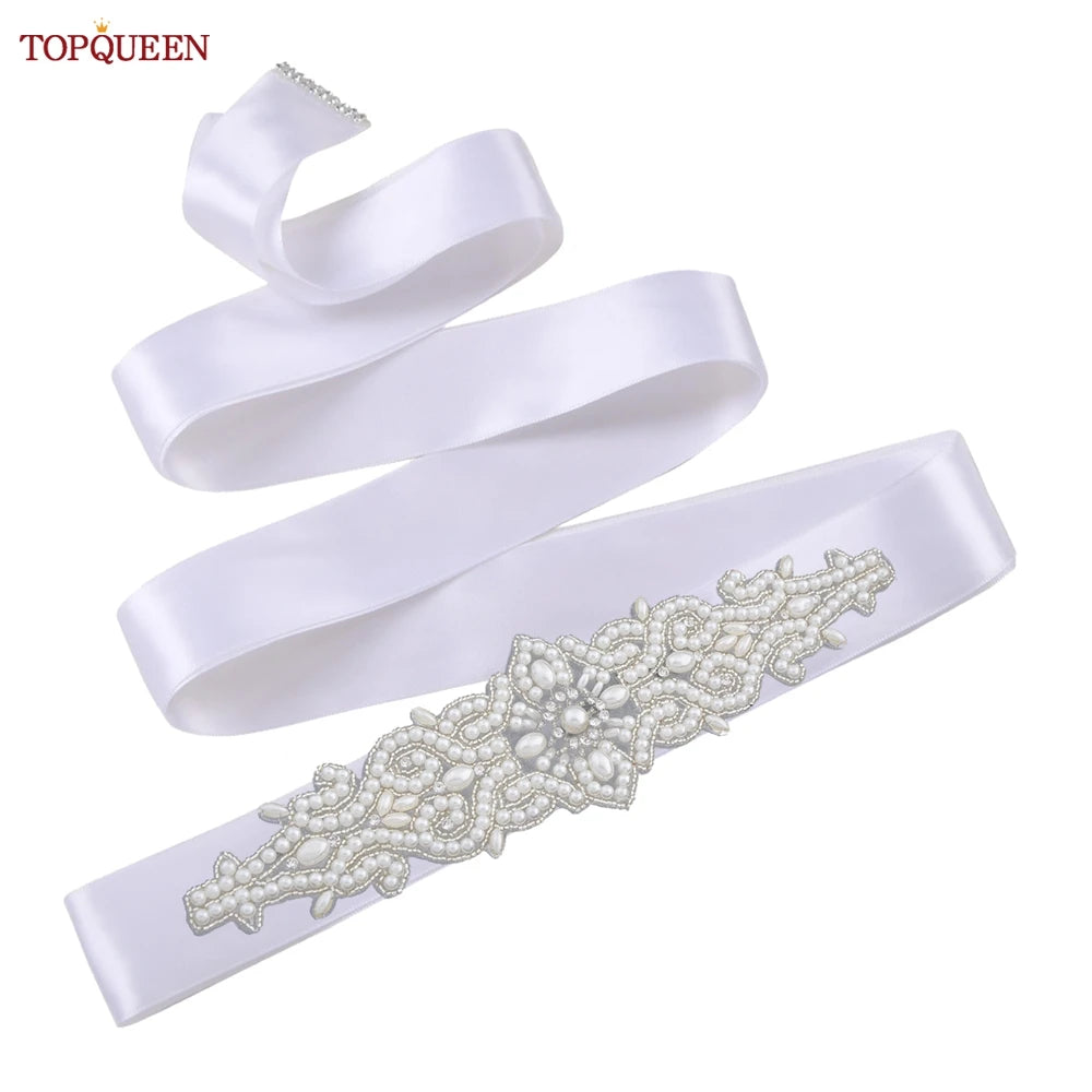 TOPQUEEN Wedding Dress Belt Luxury Full Pearl Bridal Belt Women Moroccan Decoration Satin Ribbon Belt Handmade Beaded S26A