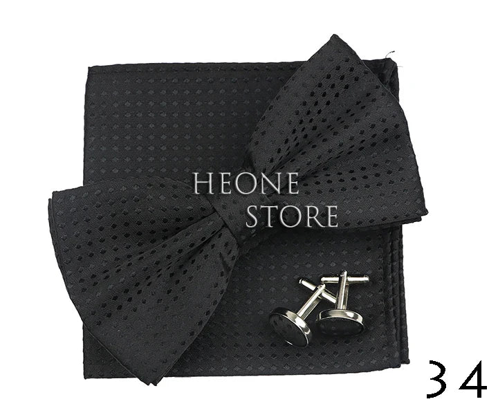 3PC Mens Bowtie Set Fashion Dot Solid Polyester Bow Tie Handkerchief Cufflinks Bar Party Wedding Business Daily Wear Accessories