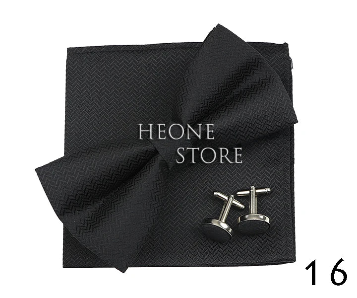 3PC Mens Bowtie Set Fashion Dot Solid Polyester Bow Tie Handkerchief Cufflinks Bar Party Wedding Business Daily Wear Accessories