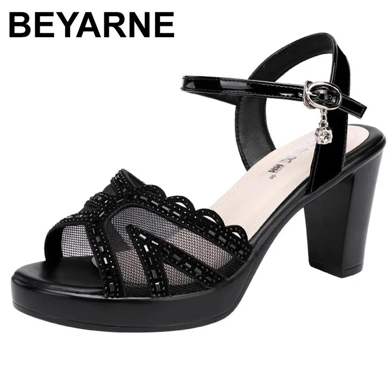 BEYARNE Big Size 32-43 Open Head Lace Platform Sandals Summer Shoes Block High Heels Sandals Women All Match Office Party