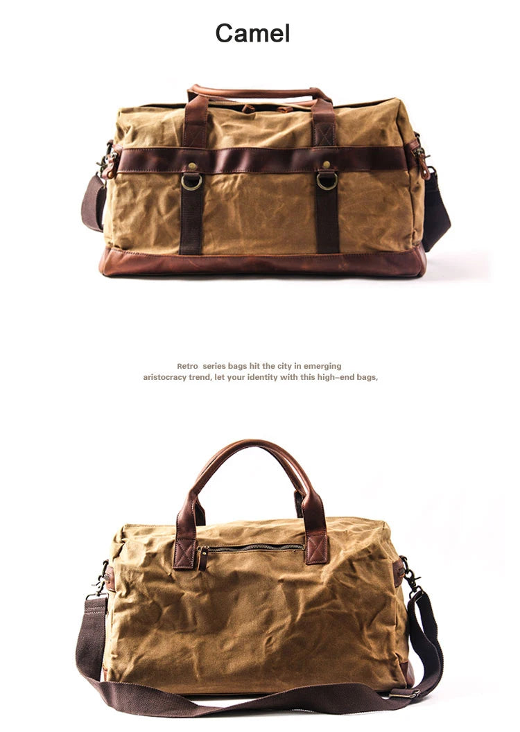 Vintage Waxed Canvas Men Luggage bag Genuine Leather Men Travel Bags Large Duffel Bags Weekend bag of trip Overnight carry on