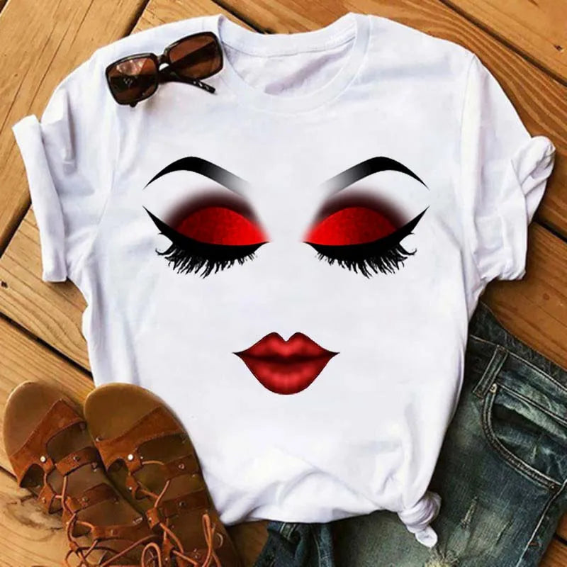 Maycaur New Cute Eye Lashes Red Lips Print Women T Shirt Summer Casual Short Sleeve O Neck T-shirt Fashion Ladies Shirt Tops