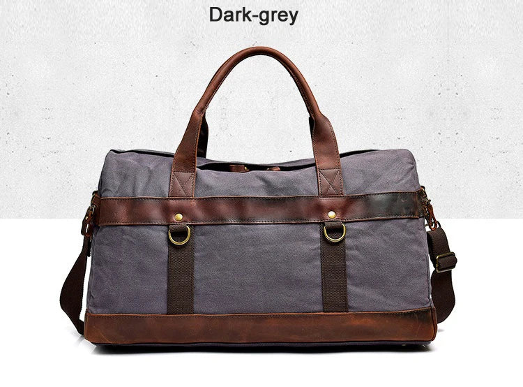 Vintage Waxed Canvas Men Luggage bag Genuine Leather Men Travel Bags Large Duffel Bags Weekend bag of trip Overnight carry on