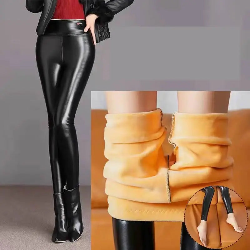 Winter Warm 700g Thick Velvet Wool Fleece Ladies Leggings Women Trousers Lambskin Cashmere Female Jegging Faux Leather Pants