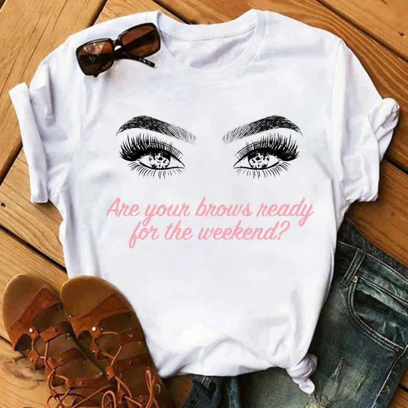 Maycaur New Cute Eye Lashes Red Lips Print Women T Shirt Summer Casual Short Sleeve O Neck T-shirt Fashion Ladies Shirt Tops