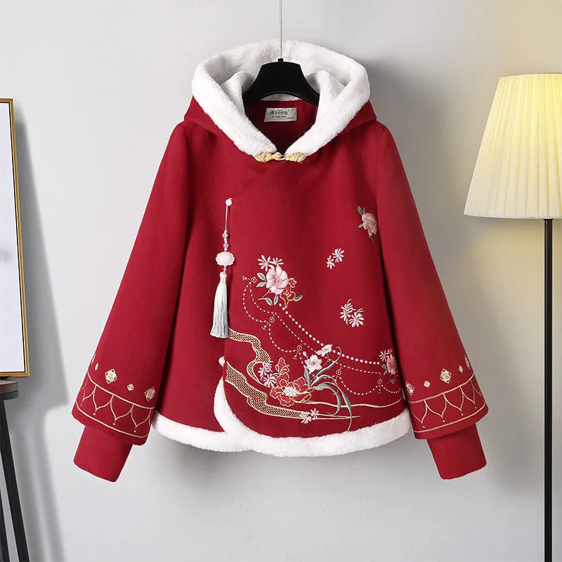 Winter Modern Women Hanfu Embroidery Red Top Hoodies Cotton Warm Chinese Pleated Skirt Plus Size Girl Fairy Cosplay Costumes