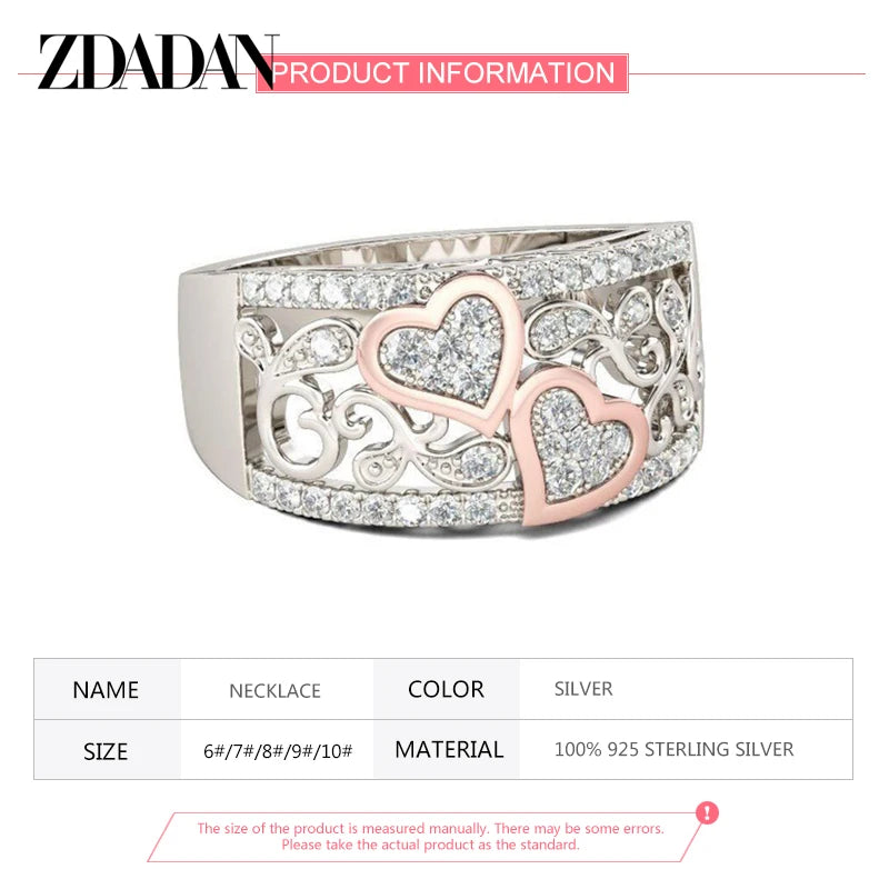 ZDADAN 925 Sterling Silver Heart CZ Rings For Women Fashion Wedding Jewelry