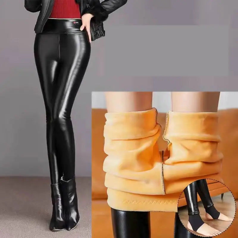 Winter Warm 700g Thick Velvet Wool Fleece Ladies Leggings Women Trousers Lambskin Cashmere Female Jegging Faux Leather Pants