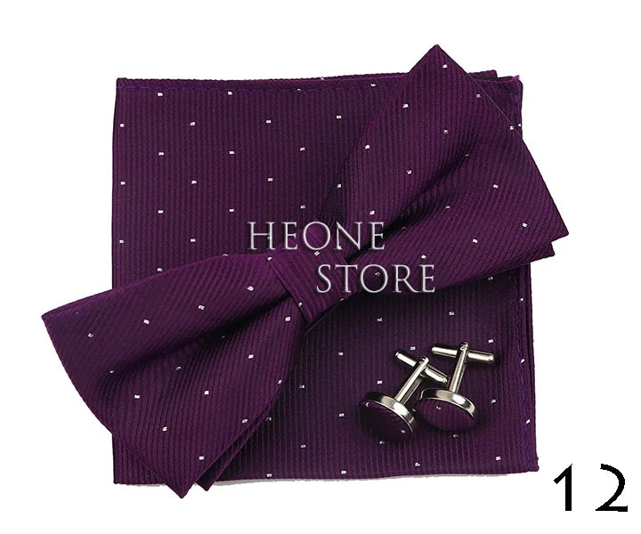 3PC Mens Bowtie Set Fashion Dot Solid Polyester Bow Tie Handkerchief Cufflinks Bar Party Wedding Business Daily Wear Accessories