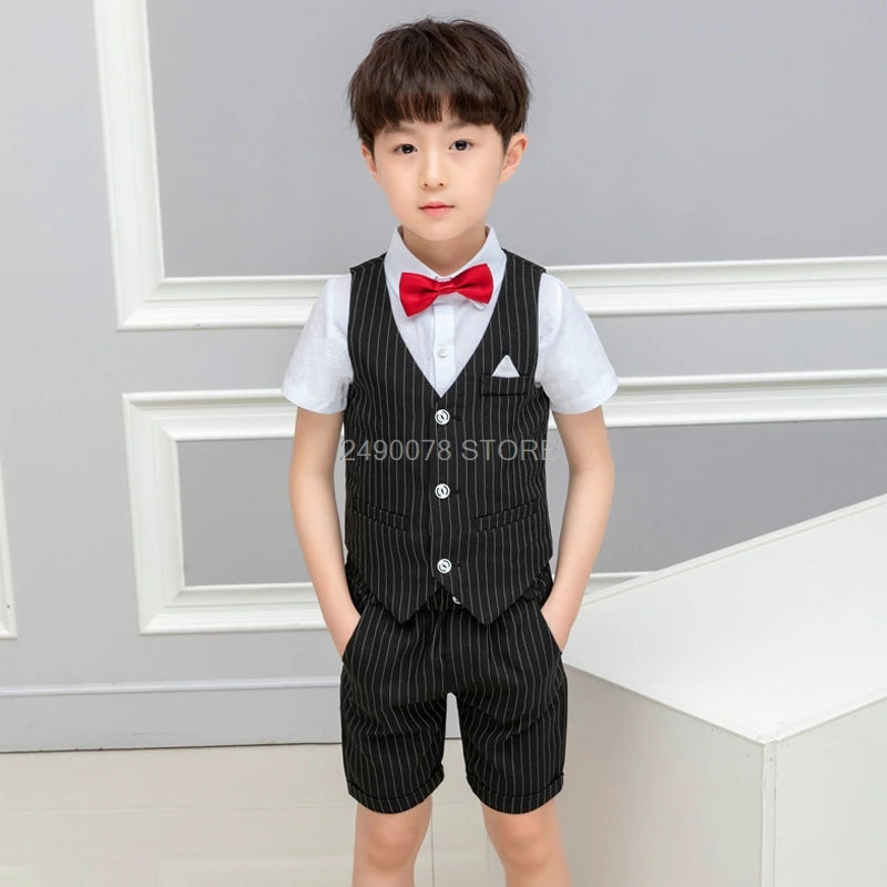 2021 Boys Formal Suits Summer Short Sleeve Blazer+Shorts 2pcs Children Kids Wedding Clothing Sets Prom Performance Costumes