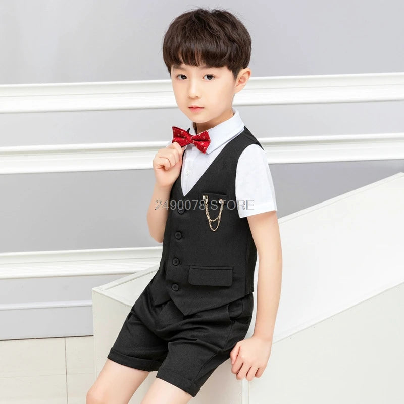2021 Boys Formal Suits Summer Short Sleeve Blazer+Shorts 2pcs Children Kids Wedding Clothing Sets Prom Performance Costumes