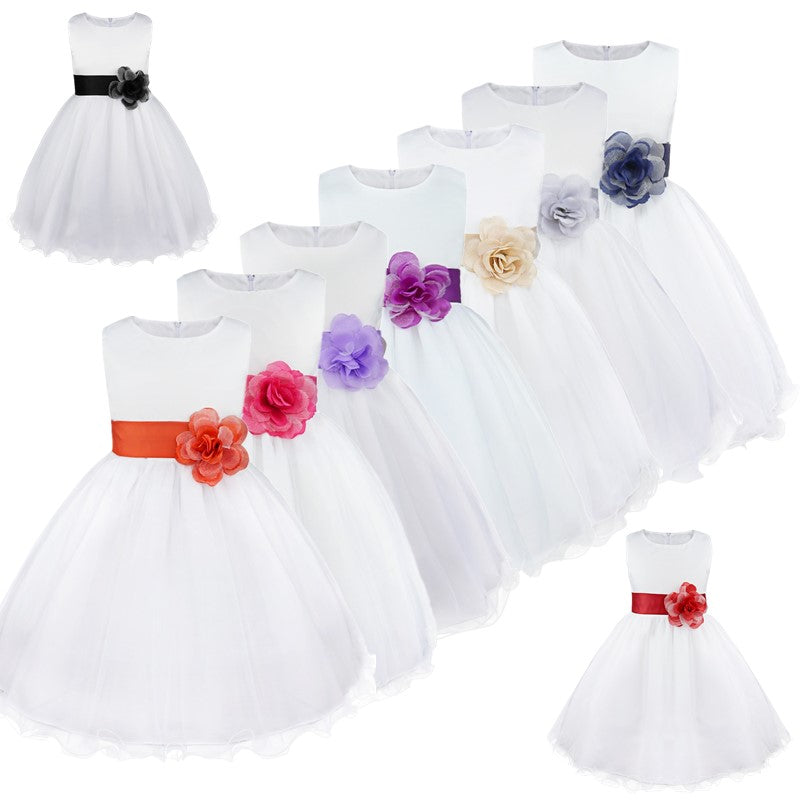 Kids Girls Wedding Pageant Dress White Bridesmaid Dresses Formal Party Princess Vestidos Cute Big Bowknot Sash Flower Girl Dress